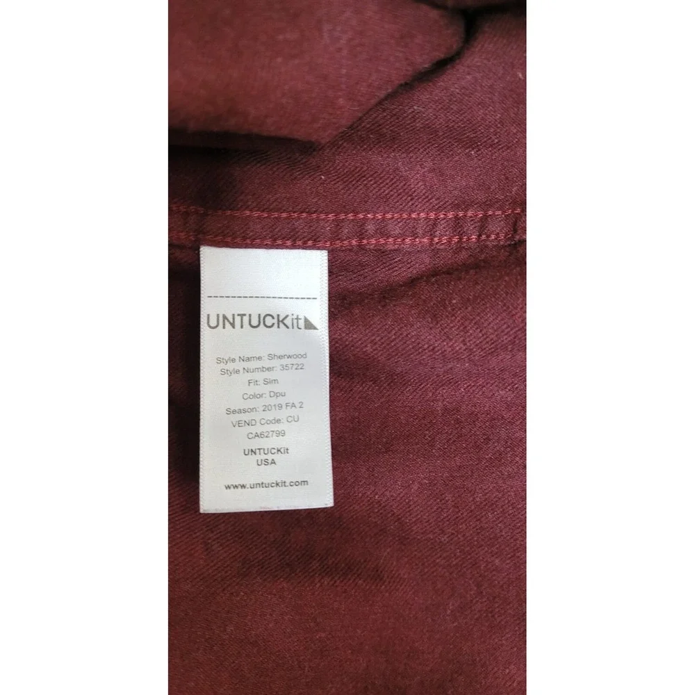 Untuckit Shirt Mens Large Slim Fit Maroon Sherwood Flannel Long Sleeve Button Up - Picture 6 of 8